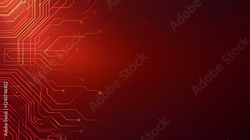 The image contains an abstract design featuring a dark red background with glowing red circuit board lines and small dots, creating a technological or futuristic aesthetic. photo