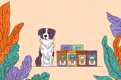 Dog food packaging design pet products. Border Collie with colorful bags on a shelf surrounded by large leaves on a beige background. Website banner template