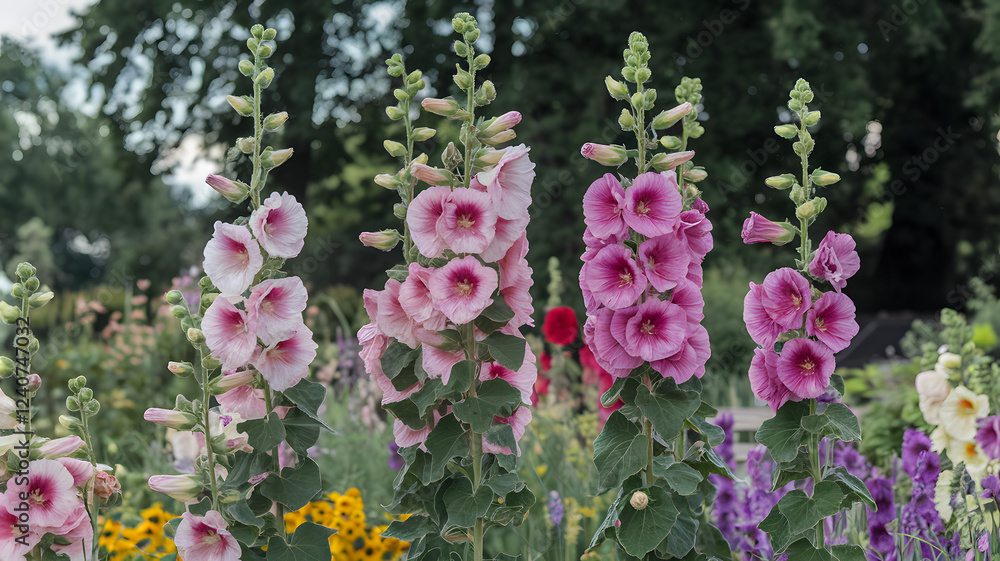Hollyhock flowers standing tall in a garden. Hollyhock flowers standing tall in a garden.