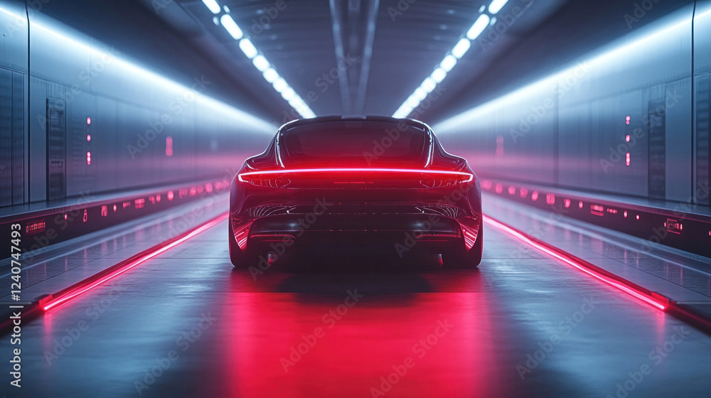 Fototapeta premium A self-driving car passing through a futuristic airport drop-off zone, seamlessly integrated with automated systems