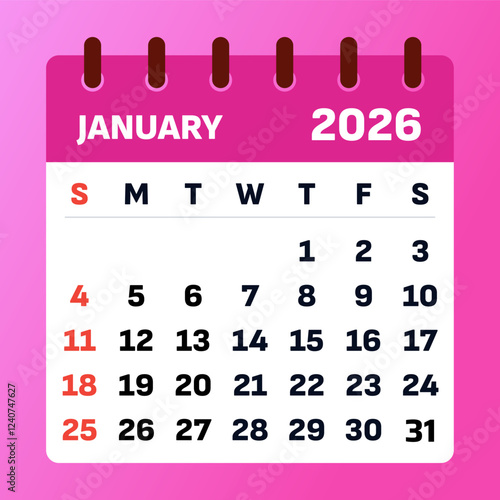 january 2026 Monthly Calendar and Planner, Strategic Jan 2026 Time Planner.  Pink jan 2026 Calendar and Productivity Map. Flat design. Vector illustration.