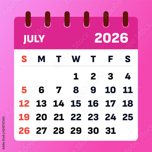 July 2026 Monthly Calendar. Pink may calendar and planner, Strategic july 2026 Time Planner. Vector design.