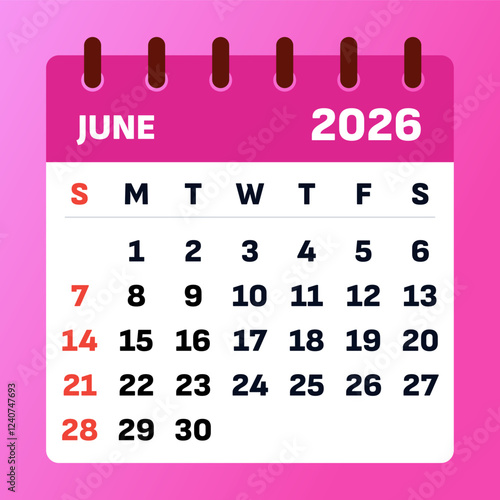 June 2026 Monthly Calendar. Pink may calendar and planner, Strategic june 2026 Time Planner. Vector design. calendar vector. Flat illustration.