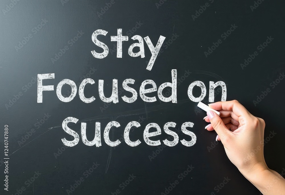 Fototapeta premium Stark Contrast: Chalk Writes Stay Focused on Success on a Blackboard Motivational quotes best for wall art or print