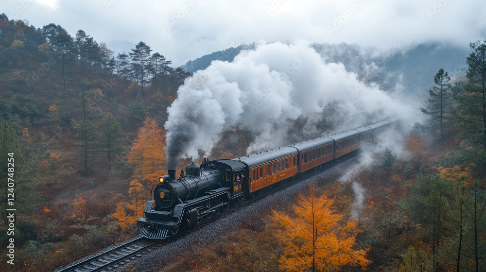 Fototapeta premium A steam locomotive pulling a heritage passenger train through a foggy mountain range