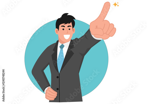 Young man pointing his finger forward with a happy face. vector illustrations.