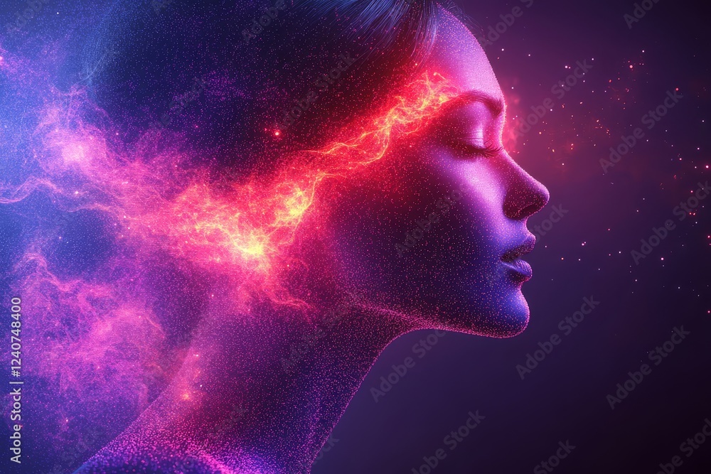 Abstract Human Figure Formed by Digital Particles on Purple and Pink Gradient Background with White Space at Top. Abstract Human Figure Formed by Digital Particles on Purple and Pink Gradient Background with White Space at Top.