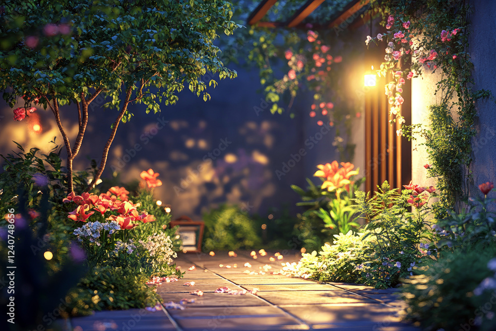 Obraz premium Cozy garden patio with flowers and seating area, illuminated by warm lights