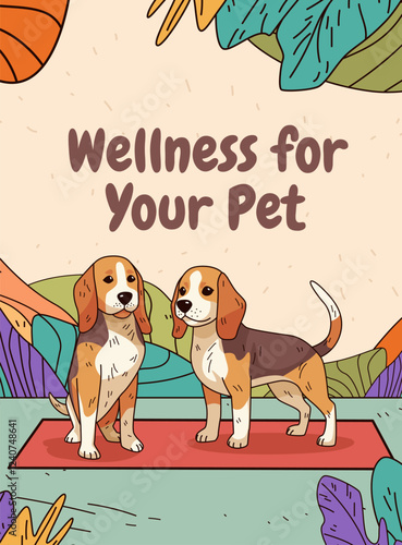 Beagle dogs wellness theme colorful leaves background playful scene cartoon style