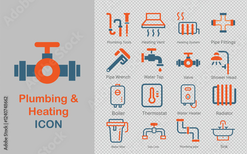 set of plumbing and heating vector line art icons. Perfect for technical designs, these icons represent plumbing tools, valves, water taps, boilers, radiators, and more, ideal for service and repair  