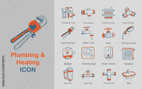 hand-drawn plumbing and heating icon set featuring colorful designs. It includes detailed icons like pipe wrenches, water heaters, radiators, and faucets, ideal for educational, marketing