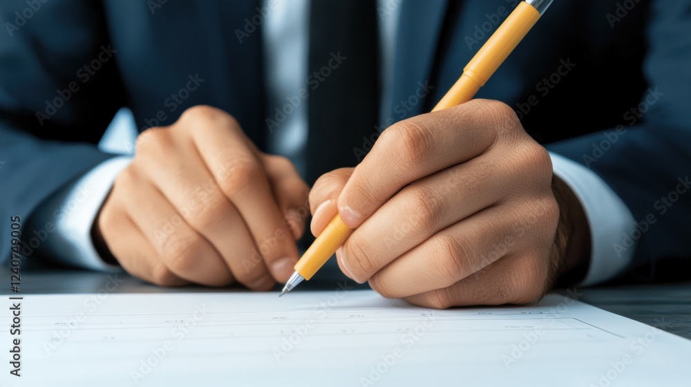 A focused individual writes with a pencil on a blank sheet of paper, showcasing a moment of productivity and concentration.
