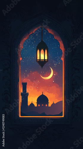Crescent Moon and Lantern Symbolizing Ramadan Nights