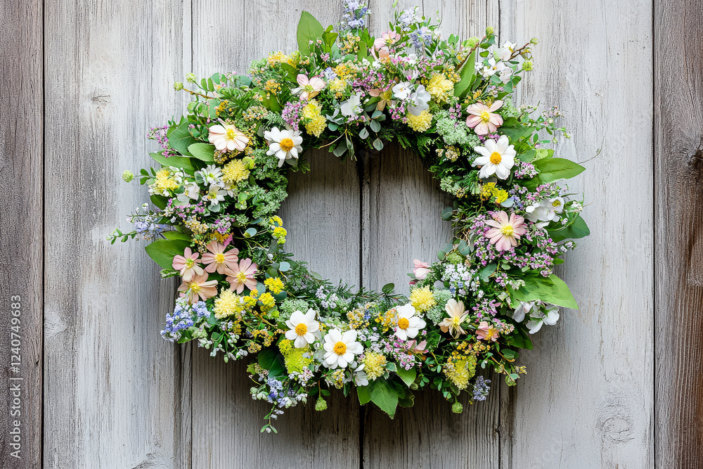 Floral wreath with roses and greenery hanging on a wooden door Floral wreath with roses and greenery hanging on a wooden door