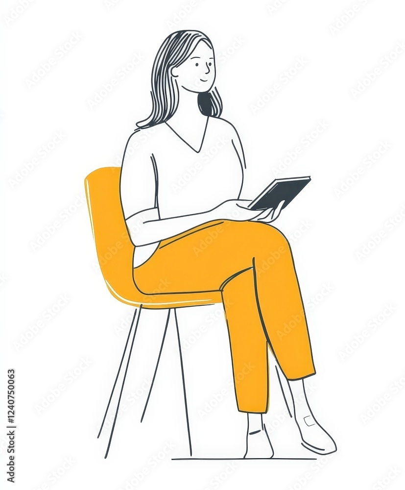 Woman Sitting on Chair While Using Tablet Device in Modern Style Woman Sitting on Chair While Using Tablet Device in Modern Style
