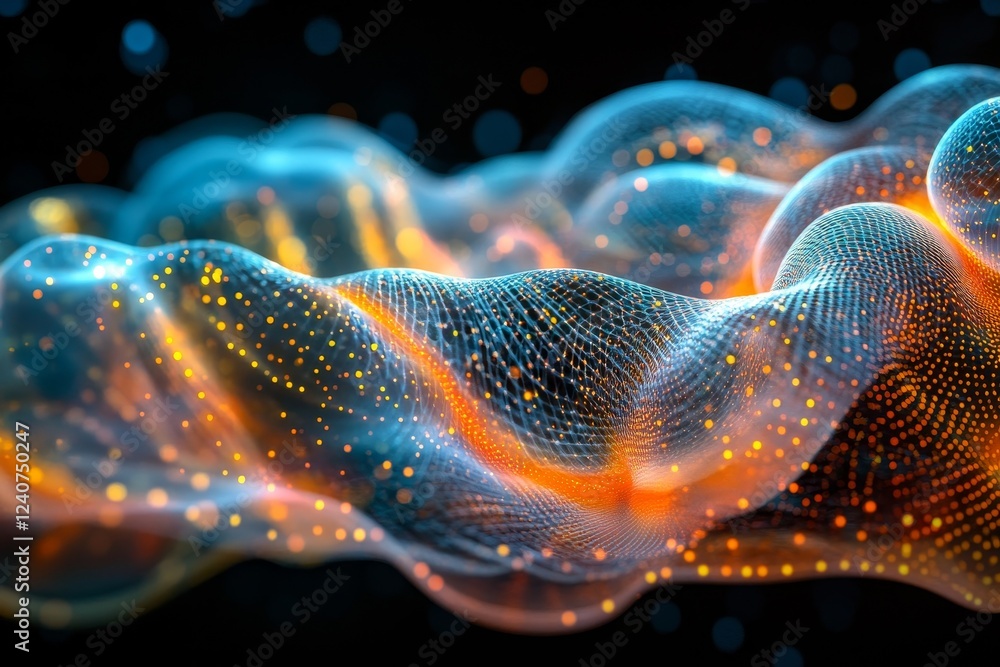 Abstract polygonal spheres creating chaotic glowing waves. Branding-ready futuristic concept, Generative AI Abstract polygonal spheres creating chaotic glowing waves. Branding-ready futuristic concept, Generative AI