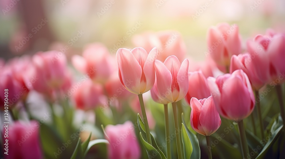 Fototapeta premium Close-Up View of Vibrant Pink Tulips Bathed in Soft Light, Capturing Their Delicate Petals and Green Stems in a Serene Natural Setting