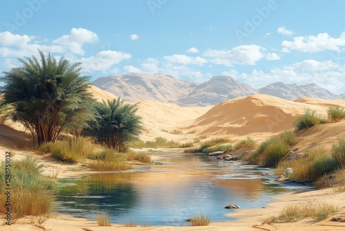 Oasis in Desert with Trees and Water, Serene Landscape Against Sand Dunes Under Clear Sky