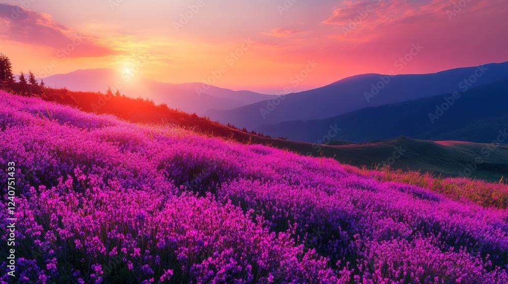 Sunset Lavender Field Mountain Landscape Sunset Lavender Field Mountain Landscape