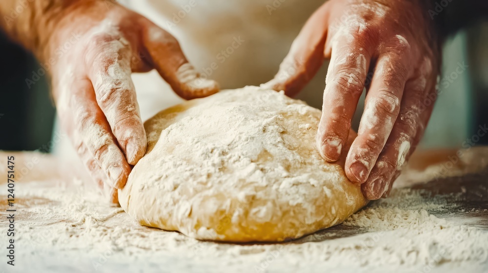 A person kneads dough on a floured surface, showcasing the art of bread-making with flour-covered hands. A person kneads dough on a floured surface, showcasing the art of bread-making with flour-covered hands.