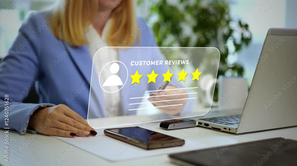 Satisfied customer leaving positive feedback 5 stars review online woman in office working at laptop computer rating a website experience using a virtual touch screen interface