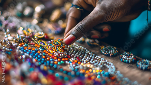 A Maasai artisan beading intricate jewelry with vibrant colors and cultural motifs.