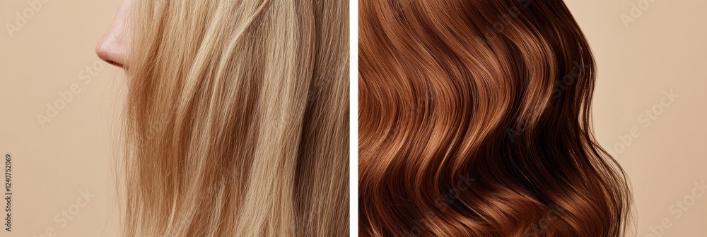 Before and after comparison showcasing transformation from thin hair to thick hair with natural waves and shine. Generative AI Before and after comparison showcasing transformation from thin hair to thick hair with natural waves and shine. Generative AI