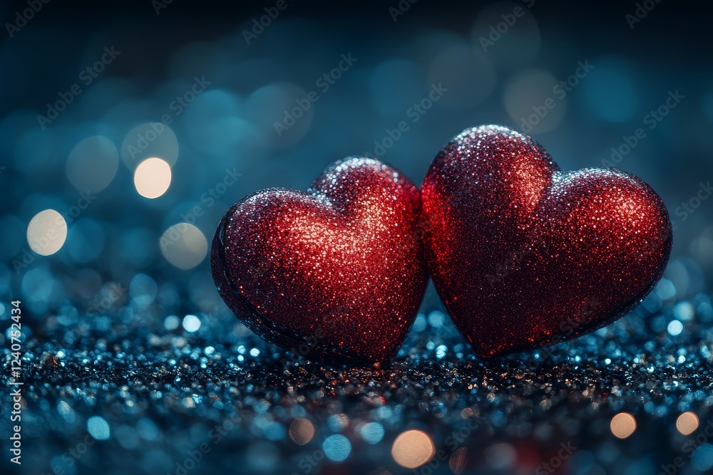 Fototapeta premium Two red hearts with one larger and laying down, the smaller standing up, against a glittery, shiny bokeh background with soft light.