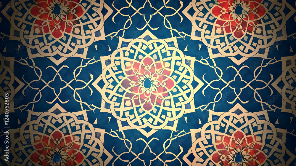 Intricate geometric floral pattern on a deep blue background, suitable for textiles or wallpapers