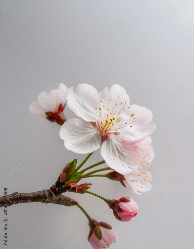 Fototapeta premium やわらかなグレーの背景に、一輪の桜の花が5月の風に揺れながら春を感じさせる