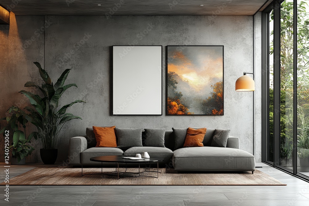 Two blank white posters on the wall in a modern living room with a grey sofa, coffee table, concrete walls, and a lamp in boho style. Two blank white posters on the wall in a modern living room with a grey sofa, coffee table, concrete walls, and a lamp in boho style.