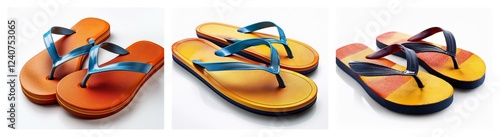 Three pairs of colorful flip-flops displayed against a white background.  The sandals showcase summery orange and yellow ombre designs, with some featuring teal straps. photo