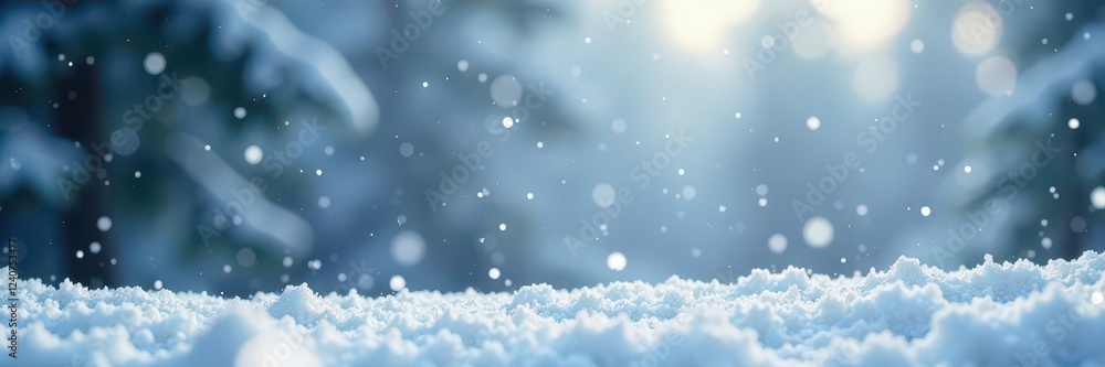 Fototapeta premium Snowflakes falling from grey sky towards ground, falling flakes, sky, snowflakes