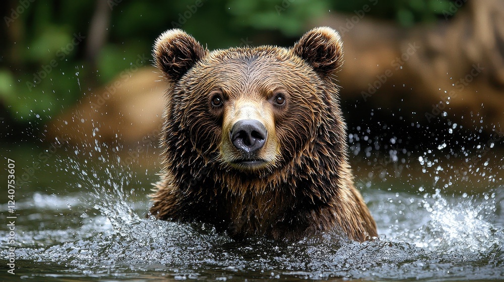 A bear splashes in water, showcasing its powerful physique and nature's beauty in a lush, green environment. A bear splashes in water, showcasing its powerful physique and nature's beauty in a lush, green environment.