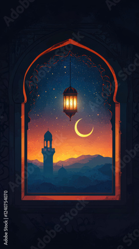Glowing Lantern Suspended in a Starry Night During Ramadan