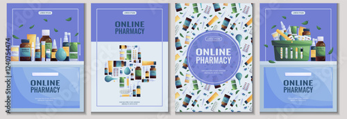 A set of flyers for online pharmacies and medicine. Medications, tablets, capsules, sprays, drops. Vector illustration in A4 format for posters, banners and advertisements.