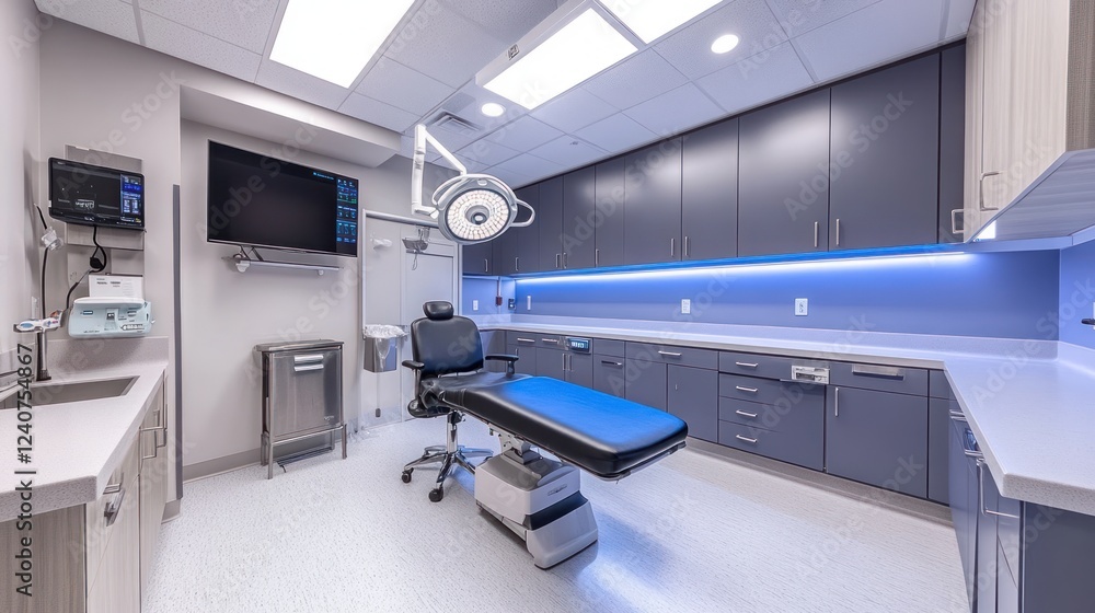 Modern surgical suite, procedure room, medical equipment, blue lighting, sterile environment, healthcare facility, for website advertising Modern surgical suite, procedure room, medical equipment, blue lighting, sterile environment, healthcare facility, for website advertising