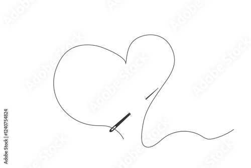Needle with heart thread doodle simple icon, line embroidery decoration. Curvy thread sewing, tailor tool silhouette. 