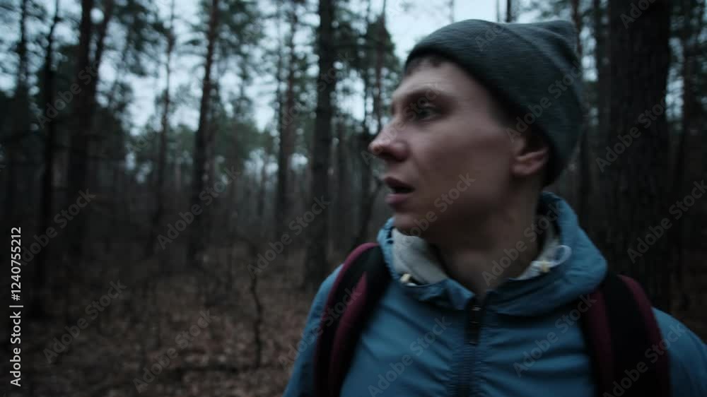 A tourist in the forest looks worried, rushes with a backpack, stops, looks around in confusion, and keeps running. The theme of hiking, survival, and the danger of getting lost. A tourist in the forest looks worried, rushes with a backpack, stops, looks around in confusion, and keeps running. The theme of hiking, survival, and the danger of getting lost.