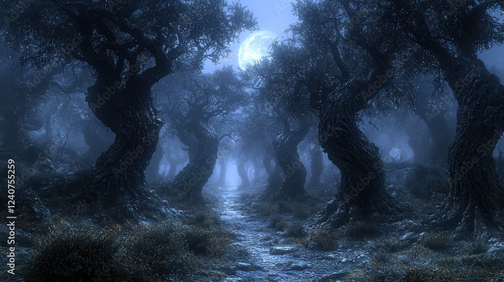 Obraz premium Moonlit Olive Grove Path, Foggy Night, Mystery, Fantasy