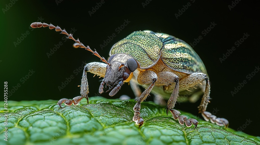 Fototapeta premium Green Weevil Beetle on a Leaf Close Up