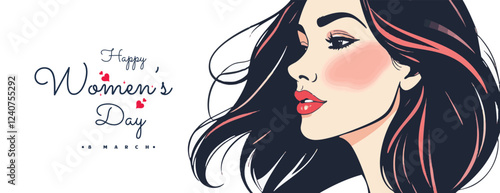 A happy wamen's day wishes or greeting card banner or poster design  silhouette, womens rights, equality, girls, template, with women face, stylish hair Vector illustration clip art  advertising, 