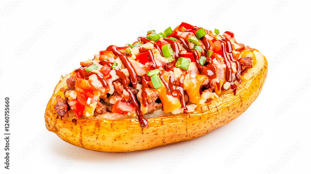 Delicious loaded baked potato with toppings, isolated on a clean white background Delicious loaded baked potato with toppings, isolated on a clean white background