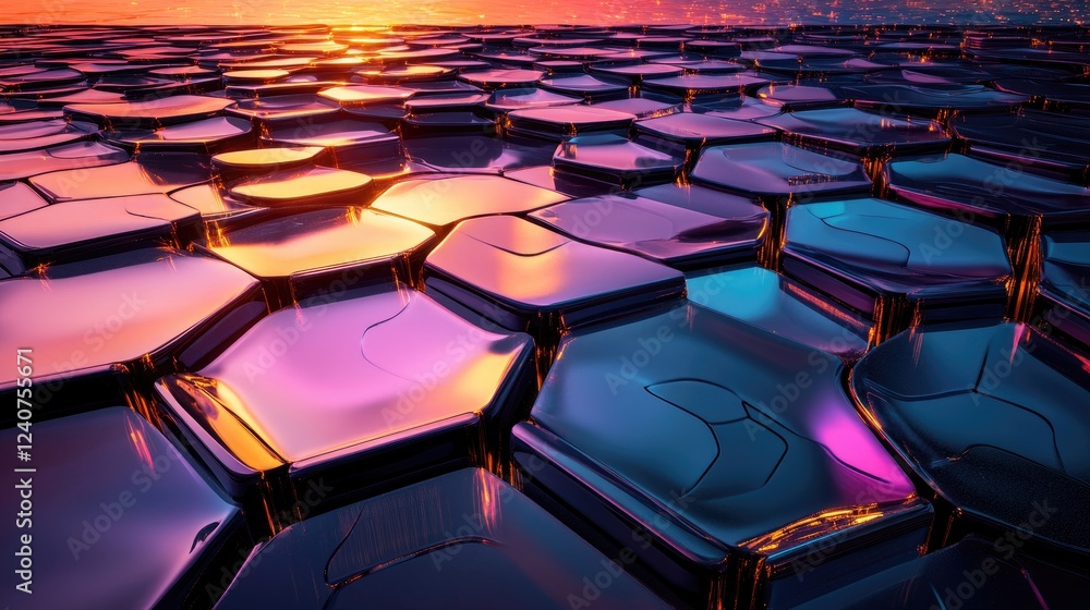 Fototapeta premium A futuristic scene with D-shaped hexagonal patterns, metallic reflections, and vibrant highlights, creating a sleek, digital landscape.