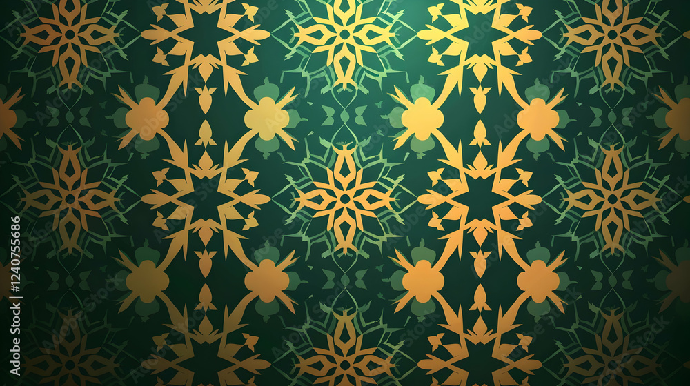 Intricate floral and snowflake pattern in vibrant green and gold, ideal for festive designs Intricate floral and snowflake pattern in vibrant green and gold, ideal for festive designs