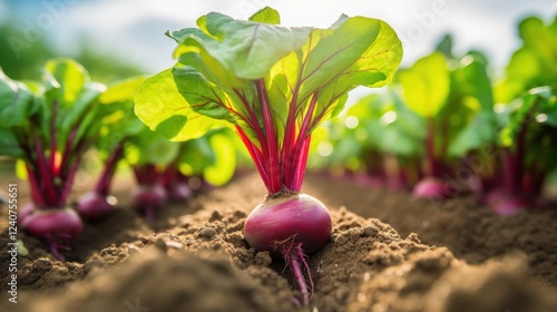 Close-Up View of Freshly Harvested Beetroot Roots Surrounded by Lush Green Leaves in a Vibrant Vegetation Landscape photo