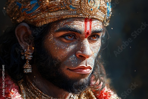 A Majestic Portrait Of Hanuman, The Hindu Monkey God, Adorned In Rich Gold Jewelry And A Vibrant Crown.  His Gaze Is Thoughtful, Conveying Strength And Wisdom. photo