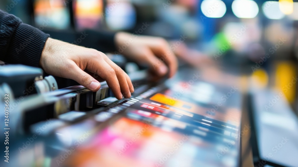 Hands Adjusting Control Knobs on Colorful Mixing Console Equipment Hands Adjusting Control Knobs on Colorful Mixing Console Equipment