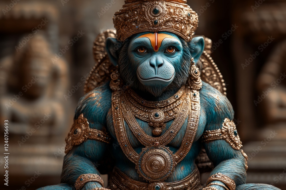 A Majestic Statue Of Hanuman, The Hindu Monkey God, Adorned In Elaborate Gold Jewelry And A Crown, Sits Serenely. The Deep Blue Hue And Intricate Details Showcase The Artistry And Devotion. A Majestic Statue Of Hanuman, The Hindu Monkey God, Adorned In Elaborate Gold Jewelry And A Crown, Sits Serenely. The Deep Blue Hue And Intricate Details Showcase The Artistry And Devotion.