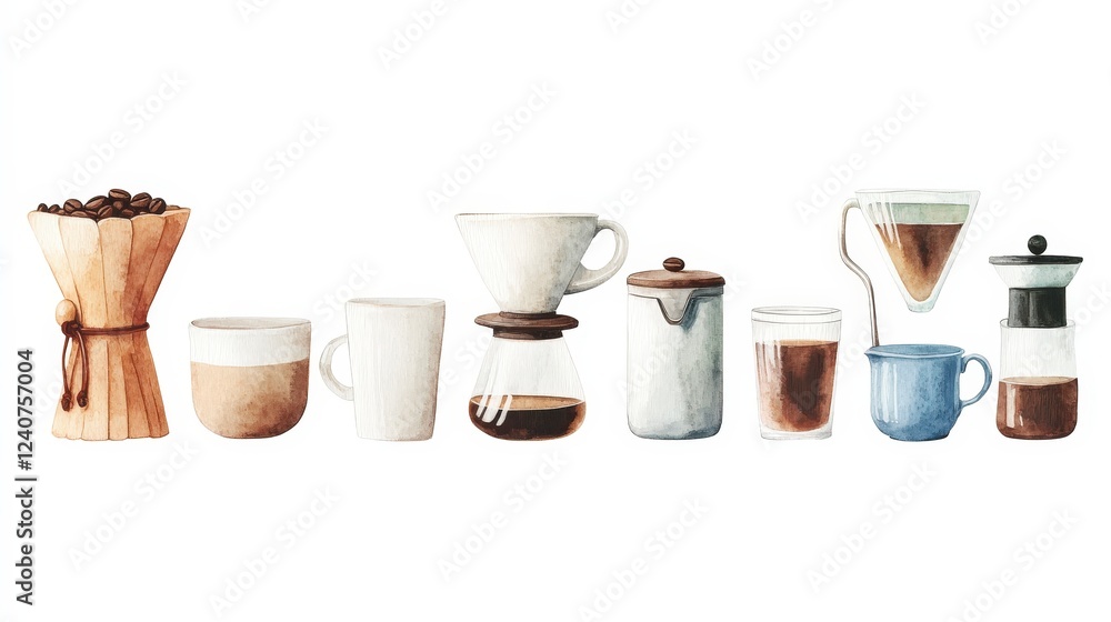 Various Coffee Brewing Methods and Equipment in Watercolor Illustration Various Coffee Brewing Methods and Equipment in Watercolor Illustration